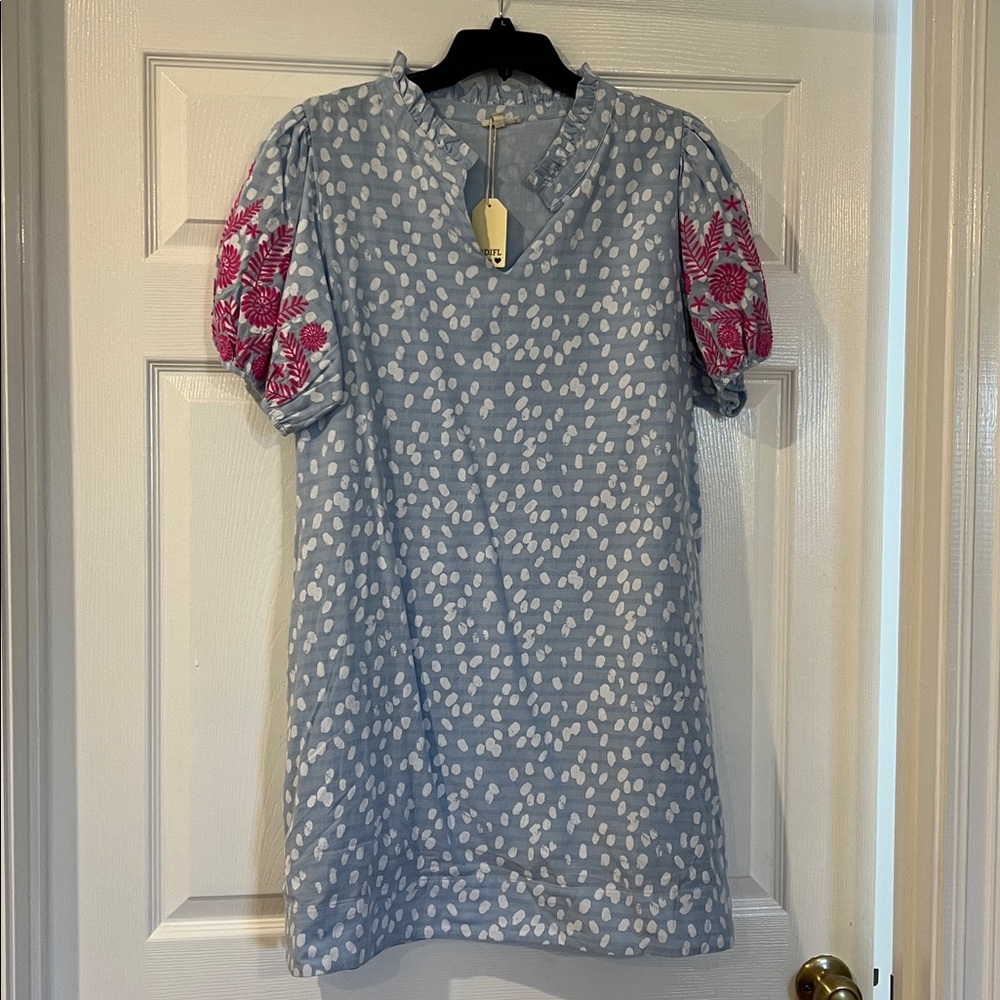 JODIFL Sky Blue Dot Dress with Pink Embroidered Sleeves